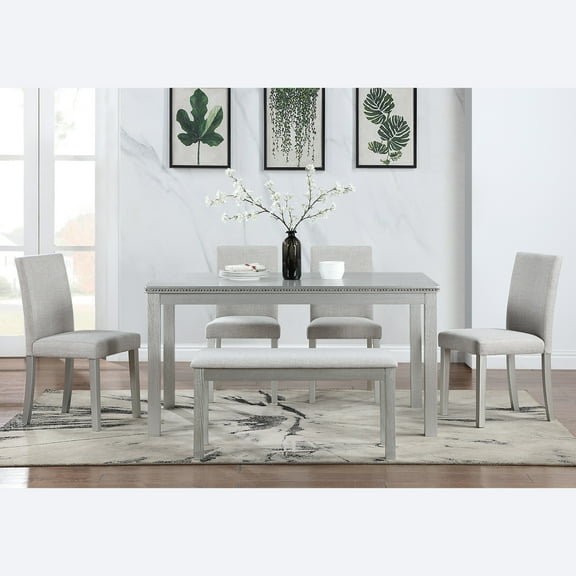 6 Piece Wooden Dining Table Set, Wooden Dining Table with 4 Upholstered Chairs and Bench for 6 People, Rectangular Dining Table Set with Crystal Decoration for Kitchen, Dining Room, Silver grey