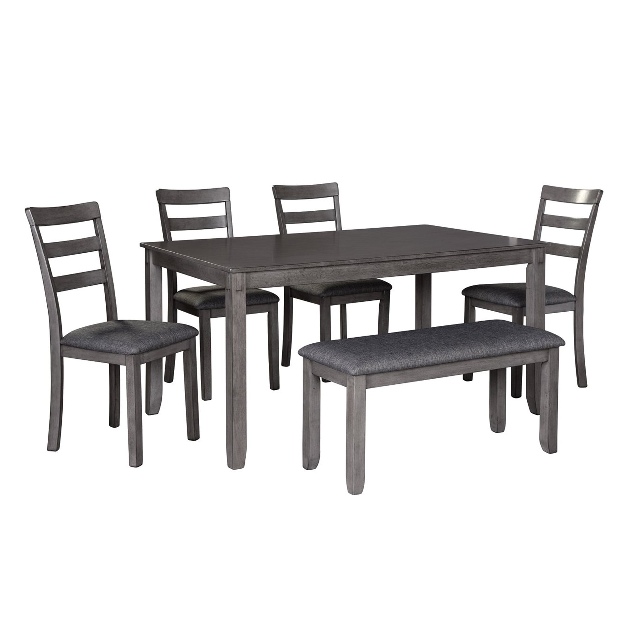 Gray Wooden Dining Table Set with Padded Chairs and Bench