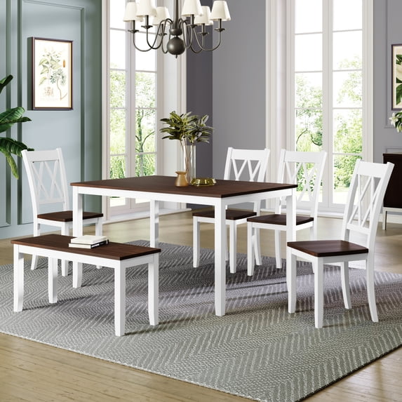6 Piece Wooden Farmhouse Style Solid Wood Dining Room Set with Cross Back 4 Chairs and Bench, Rustic Farmhouse Kitchen Table Set with Bench and 4 Chairs, 36” x 54”(White+Cherry)