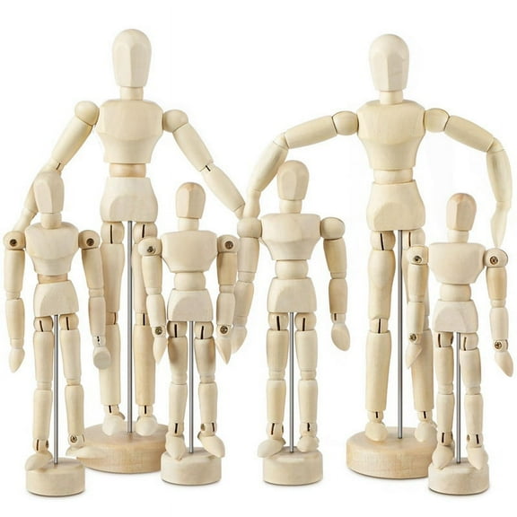 6-Piece Wooden Manikin Set - Flexible Jointed Figure Models in 4.5, 5.5, and 8 Inch Sizes