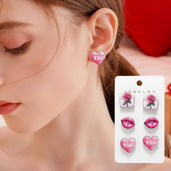 6-Piece Wooden Stud Earrings Set with Heart and Rose Designs - Lightweight Fashion Jewelry for Daily Wear - Sweet Themed Earrings as a Gift(D)
