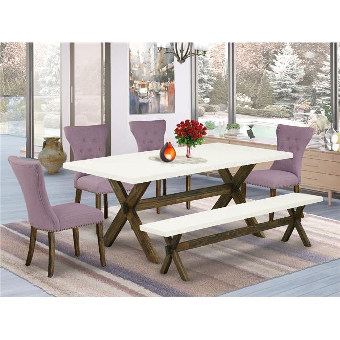 6 Piece X Style Dining Room Table Set Distressed Jacobean