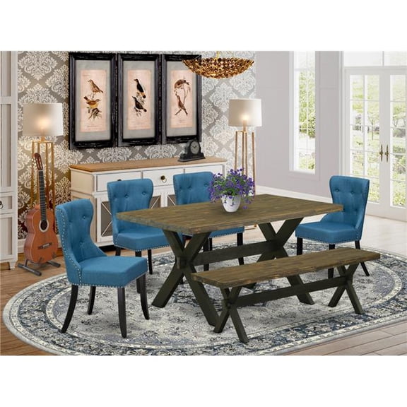 6 Piece X-Style Modern Dining Table Set - Distressed Jacobean & Black
