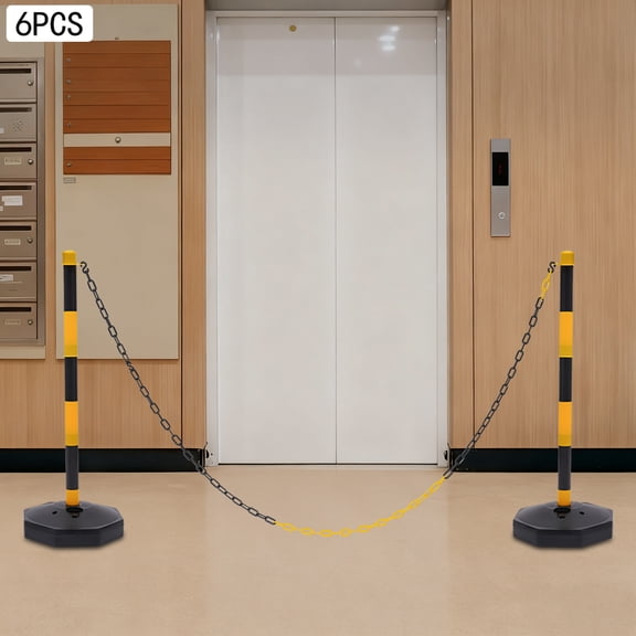 6-Piece Yellow Black PE Safety Bollard Set 33.5in Tall Fillable Base 2m Chains for Commercial Area Crowd Control