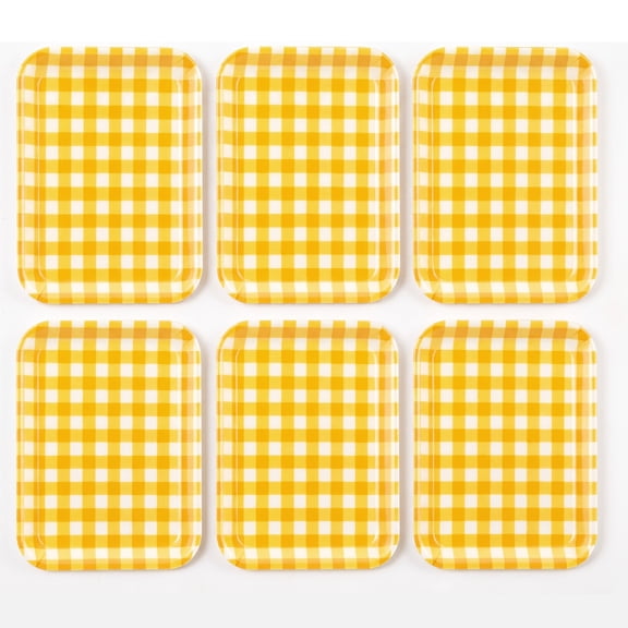 6-Piece Yellow Gingham Melamine Serving Trays Rectangular Reusable Plastic Platters for Picnic Party & Kitchen Countertop, Dishwasher-Safe (6pcs)