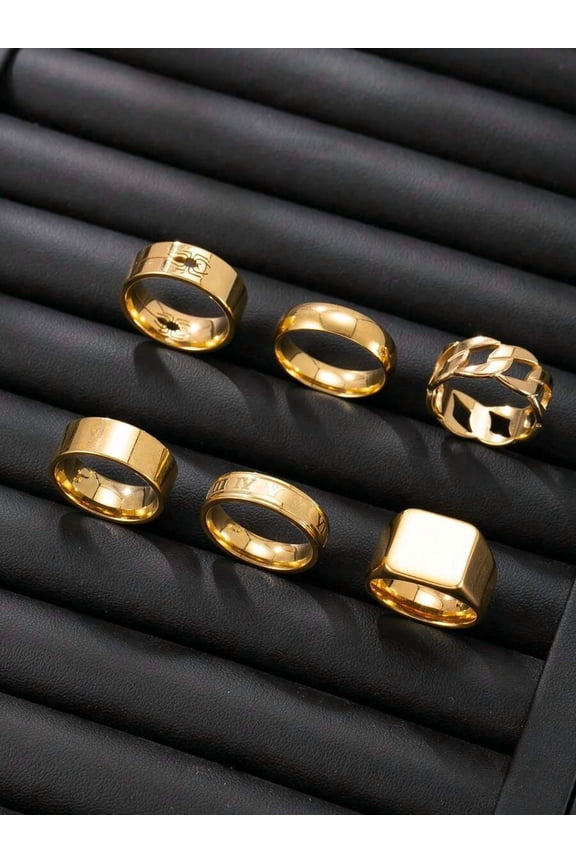 6-Piece Yellow Gold Stainless Steel Mens Ring Set With Mixed Band Styles