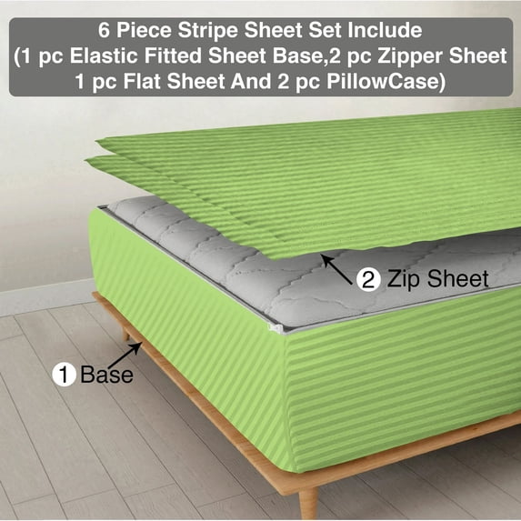 6 Piece Sheet has Zipper Sheet Set, California King Size 21 Inch Deep Pocket, 800 TC, Stripe Sage Color.