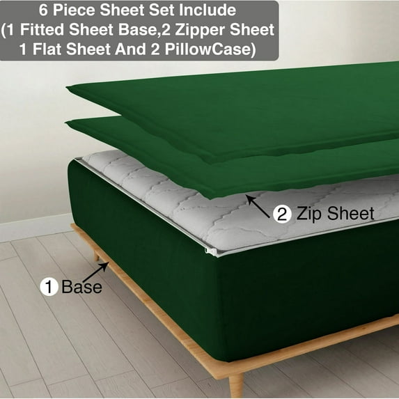 6 Piece Sheet has Zipper Sheet Set, California King Size 15 Inch Deep Pocket, 800 TC, Solid Green Color.