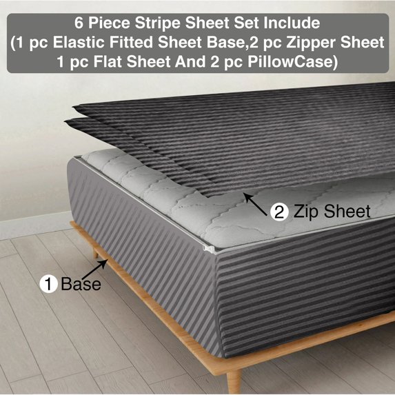 6 Piece Sheet has Zipper Sheet Set, King Size 21 Inch Deep Pocket, 800 TC, Stripe Dark Grey Color.