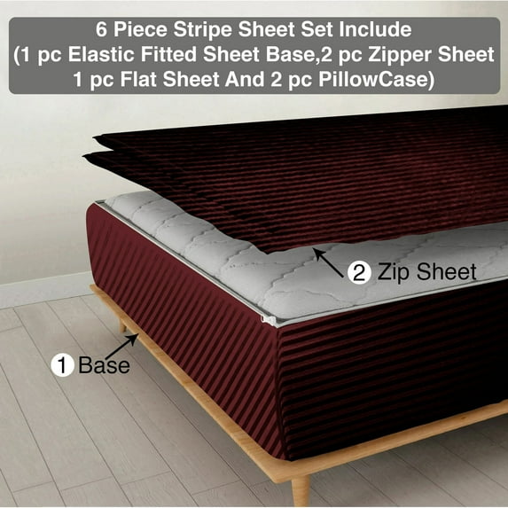 6 Piece Sheet has Zipper Sheet Set, King Size 24 Inch Deep Pocket, 800 TC, Stripe Wine Color.