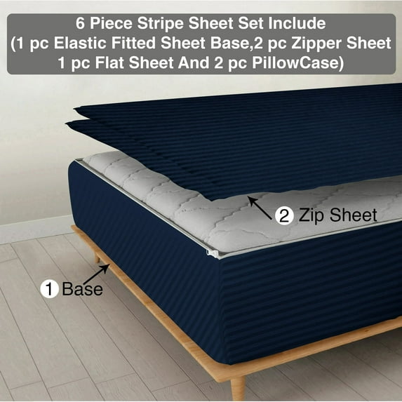 6 Piece Sheet has Zipper Sheet Set, Queen Size 8 Inch Deep Pocket, 800 TC, Stripe Navy Blue Color.
