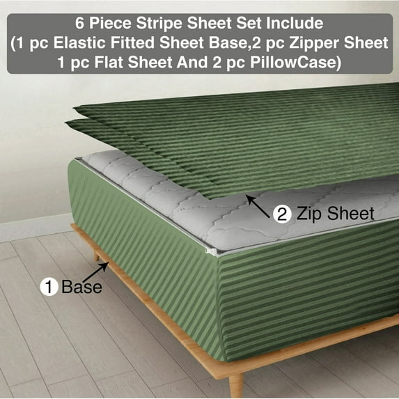 6 Piece Sheet has Zipper Sheet Set, Queen Size 6 Inch Deep Pocket, 800 TC, Stripe Moss Color.