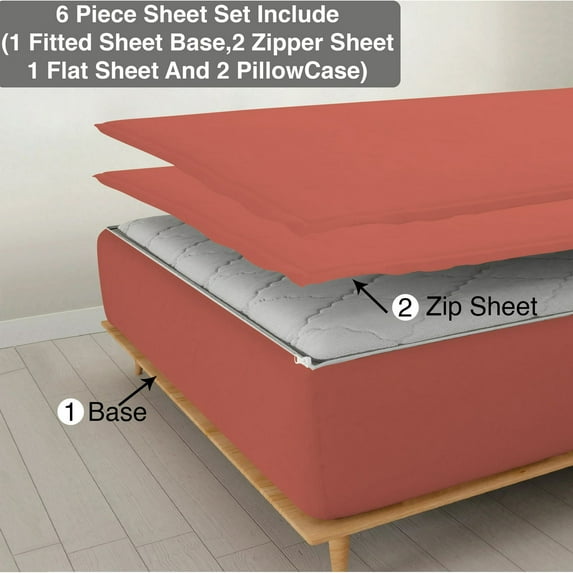 6 Piece Sheet has Zipper Sheet Set, Queen Size 10 Inch Deep Pocket, 800 TC, Solid Brick Red Color.