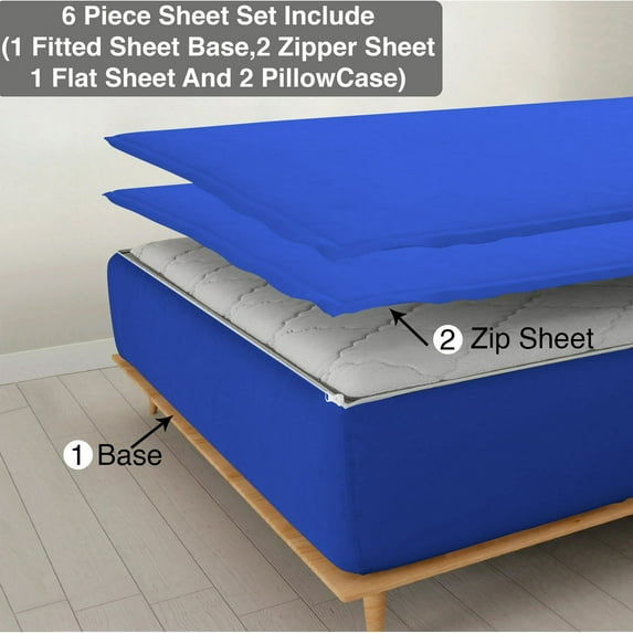 6 Piece Sheet has Zipper Sheet Set, Queen Size 10 Inch Deep Pocket, 800 TC, Solid Royal Blue Color.