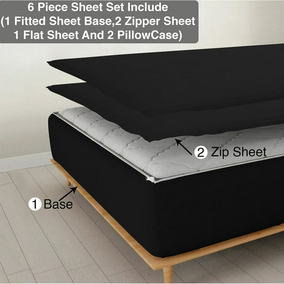 6 Piece Sheet has Zipper Sheet Set, Twin Size 15 Inch Deep Pocket, 800 TC, Solid Black Color.