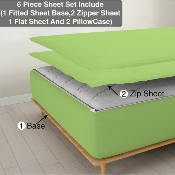 6 Piece Sheet has Zipper Sheet Set, Twin Size 21 Inch Deep Pocket, 800 TC, Solid Sage Color.