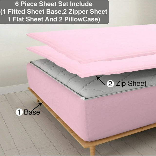 6 Piece Zipper Sheet Set, Twin XL Size 6 Inch Deep Pocket, 800 TC, Solid Light Pink Color.