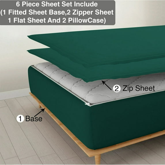 6 Piece Zipper Sheet Set, Full Size 6 Inch Deep Pocket, 800 TC, Solid Teal Green Color.