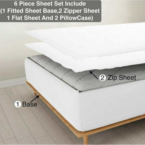 6 Piece Zipper Sheet Set, Olympic Queen Size 6 Inch Deep Pocket, 800 TC, Solid White Color.