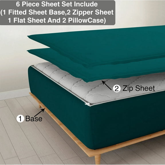 6 Piece Zipper Sheet Set, Queen Size 6 Inch Deep Pocket, 800 TC, Solid Teal Color.