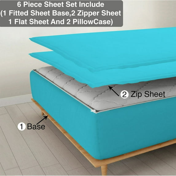 6 Piece Zipper Sheet Set, Queen Size 6 Inch Deep Pocket, 800 TC, Solid Turquoise Blue Color.