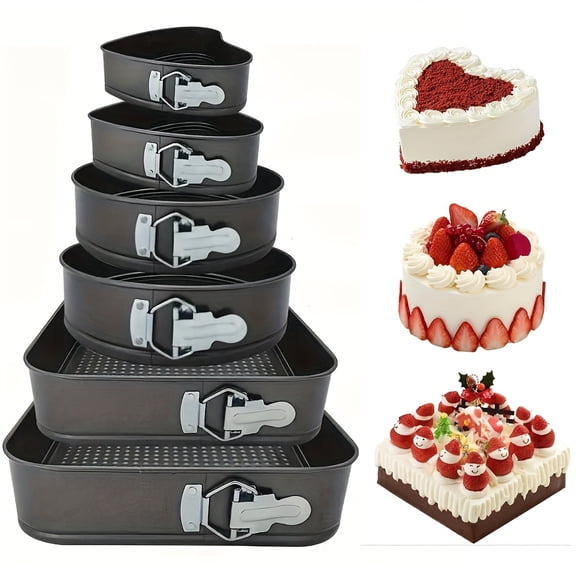 6-PieceSpringform Cake PanSet, Heart/Round/Square Shapes,Leakproof Nonstick Removable Bottom,7 Inch Carbon Steel Bakeware, For Cheesecake, Mousse & Honeycomb Cakes,Ideal for Baking Lovers&Bakers Gift