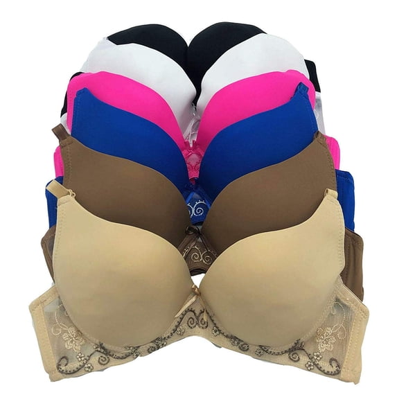 6 Piecec Full Cup/Demi Plain Wired Gentle Pushup Push Up Bra B/C (32B)