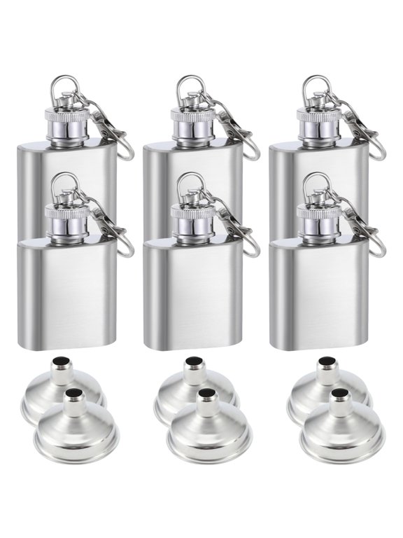 6 Pieces 1 Oz/30 ML Mini Stainless Steel Flask with Funnel, Portable Pocket Hip Flask with Keychain, Small Metal Whiskey Flask Wine Bottle for Men Women Liquor Weddings Parties