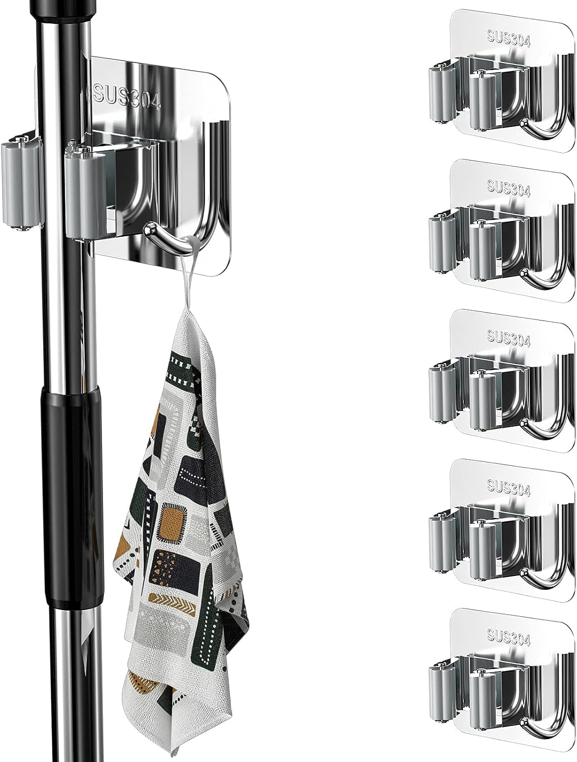6 Pieces 304 Stainless Steel Adhesive Wall Broom Holder with Hooks, Hanging Brooms without