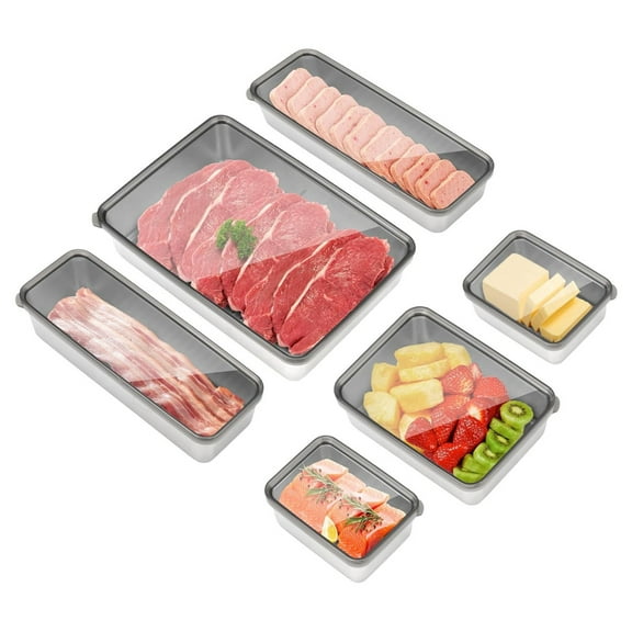 6 Pieces 4 Size Cheese Bacon Container for Refrigerator with Lid, 304 Stainless Steel Meat Storage Containers, Airtight Bacon Keeper Storage Box for Fridge Vegetables Fruit Holder Meal Prep