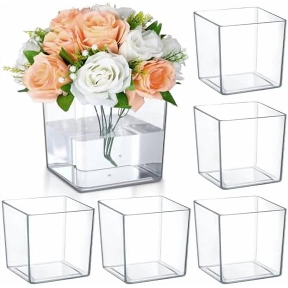 6 Pieces 6 x 6 Acrylic Square Vases for Centerpieces Clear Plastic Vase Cube Flower Vase Bulk for Wedding Centerpieces Home Office Floral Plant Succulent Pots Planters$$Home Decor, Kitchen, & Other