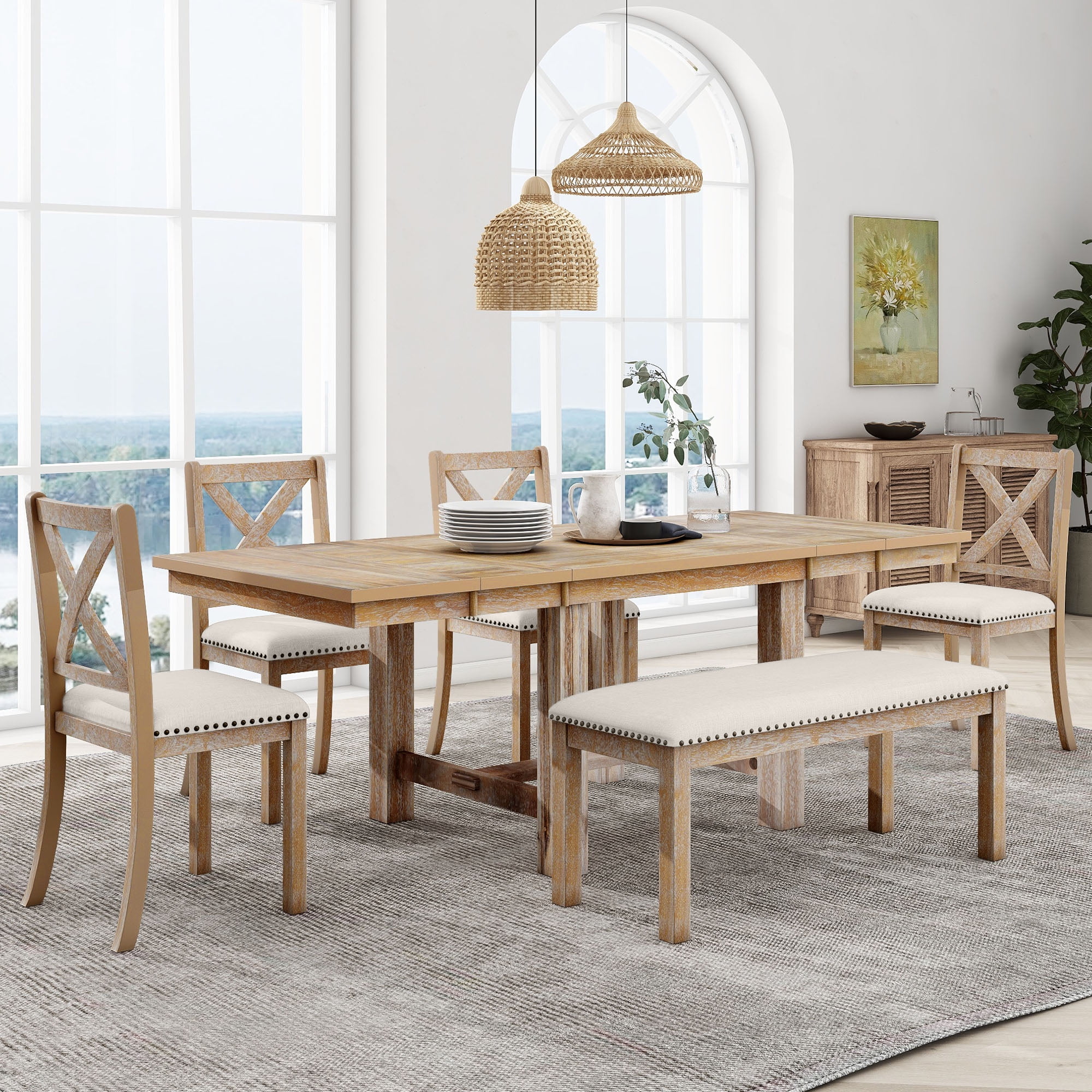 6 Pieces 60-82" Extendable Dining Table Set with Two 11"Removable Leaf ...