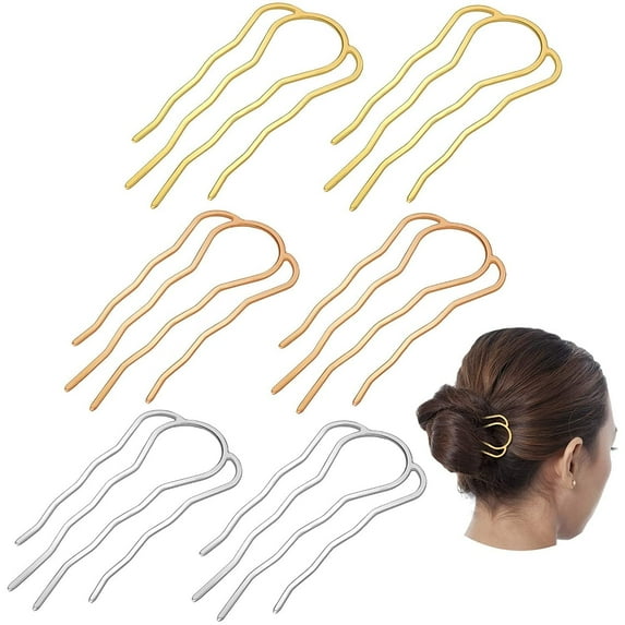6 Pieces 87 mm Hair Fork Clip Stick Hair Side Comb Hairpin Hair Bun Updo Hair Sticks Alloy 4 Prong Bun Hair Pins Clips Grips for Women Hair Styling Tool Accessories (Gold, Silver and Rose Gold)large