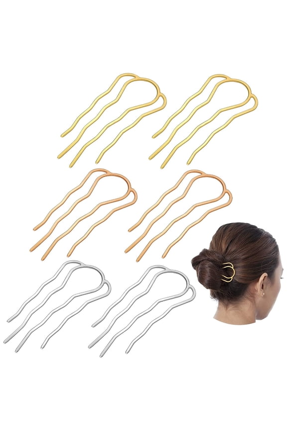 6 Pieces 87 mm Hair Fork Clip Stick Hair Side Comb Hairpin Hair Bun Updo Hair Sticks Alloy 4 Prong Bun Hair Pins Clips Grips for Women Hair Styling Tool Accessories (Gold, Silver and Rose Gold)large