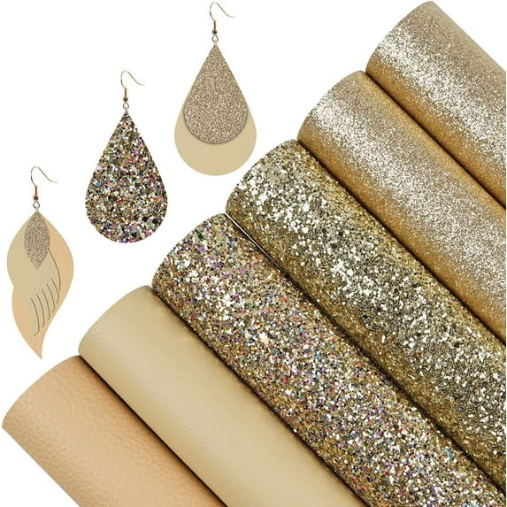 6 Pieces 8x12 Inch (21x30cm) Faux Leather Sheets Champagne Gold Series Fine Chunky Glitter Litchi Texture Faux Leather Fabric for Bow Earring Making DIY Craft
