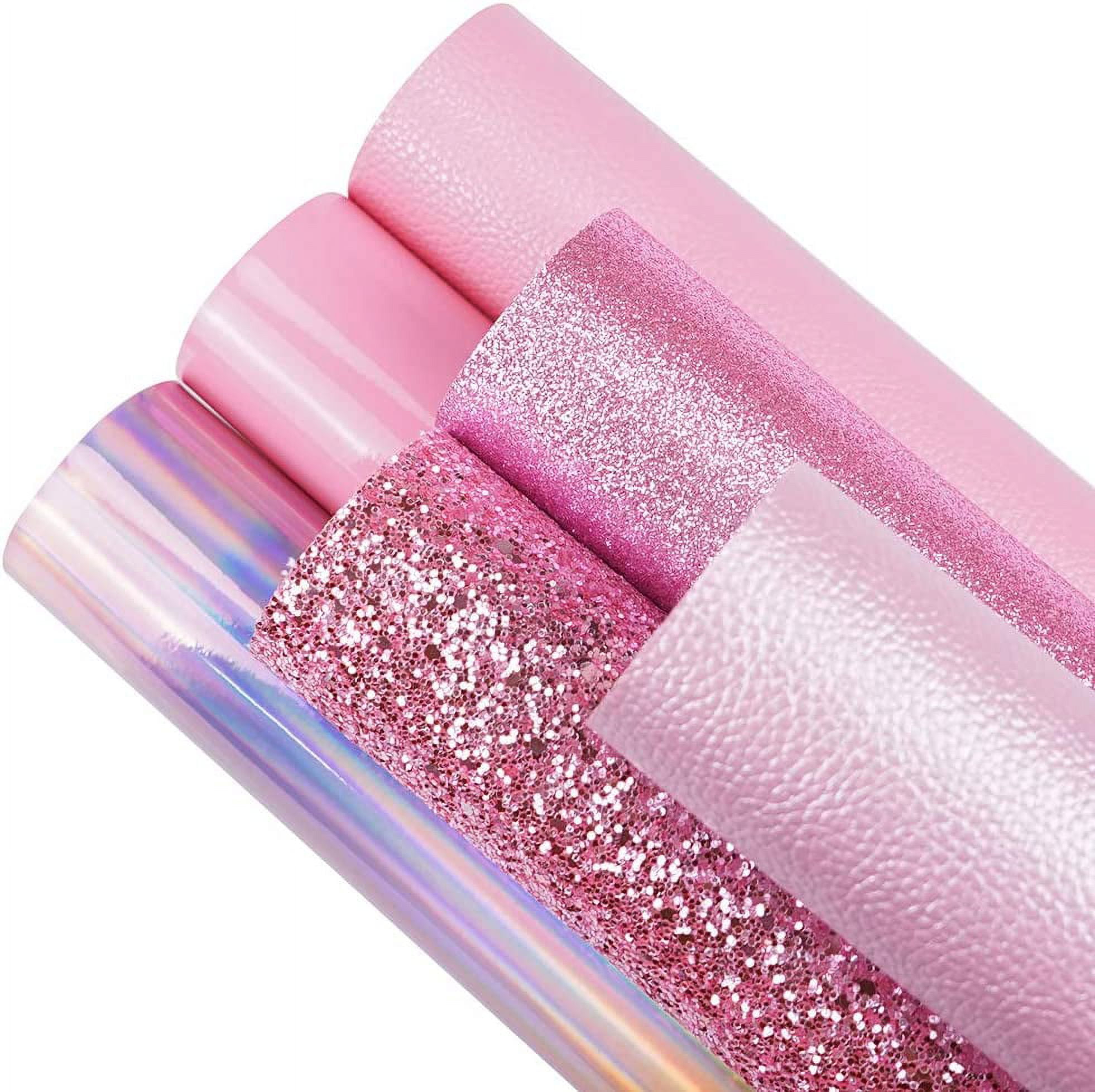 6 Pieces 8x12 Inch (21x30cm) Faux Leather Sheets Pink Series Holographic Sparkle Fine Chunky Glitter Metallic Litchi Faux Leather Fabric for Bow Earring Making DIY Craft
