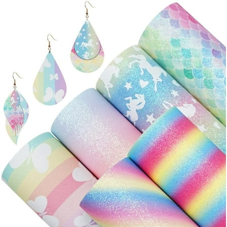 6 Pieces 8x12 Inch (21x30cm) Faux Leather Sheets Rainbow Color Series Mermaid Scale Skyhorse Fine Glitter Butterfly Print Pattern Faux Leather Fabric for Bow Earring Making