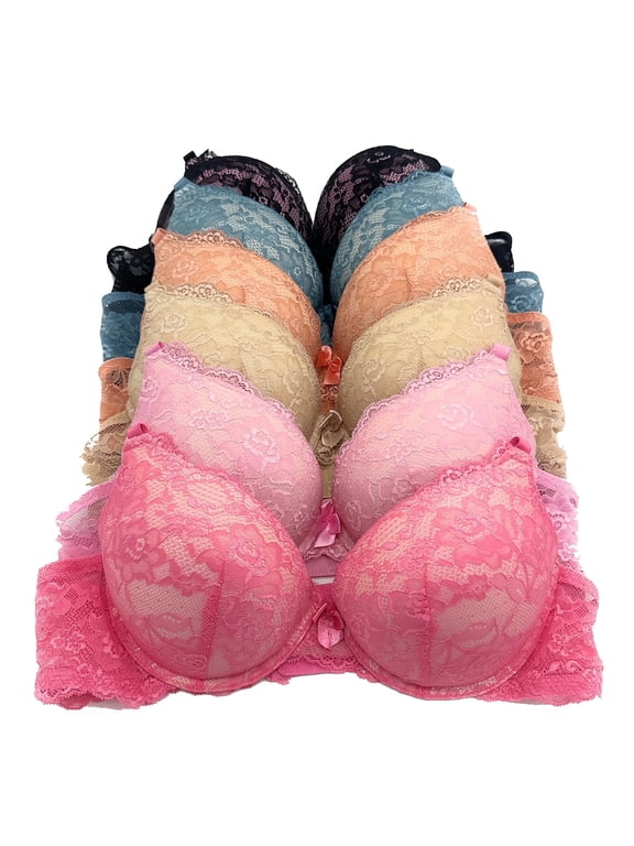 6 Pieces ADD 1 Cup Push Up Lace Full Cup Wired Double Pushup Bra B/C (32B)