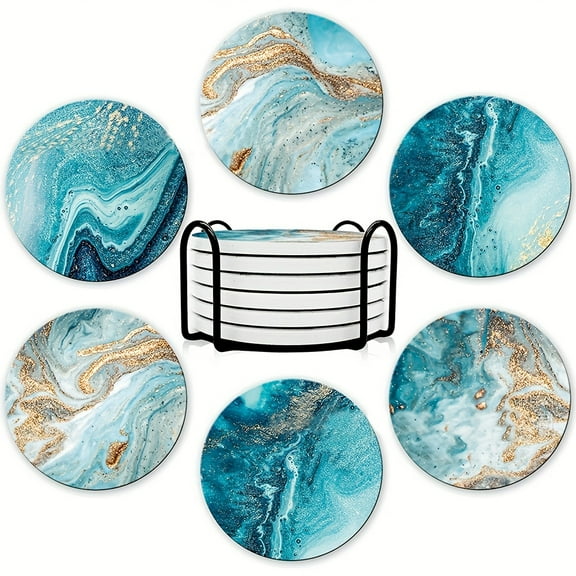 6 Pieces Absorbent and Non-Slip Ceramic Coasters - Ceramic Coaster Set with Stand - Perfect for decorating holiday parties, homes, restaurants and bars, use absorbent drink and coffee coasters (stand
