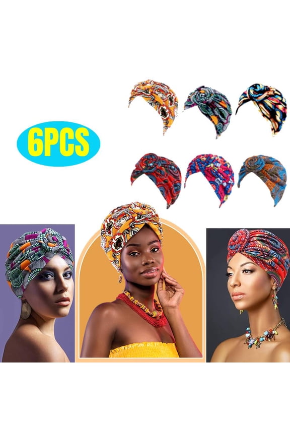 6 Pieces African Headwrap Turban for Black Women Pre Tied Knot Bonnet Knot Beanie Cap Head Scarf Headwrap Hat