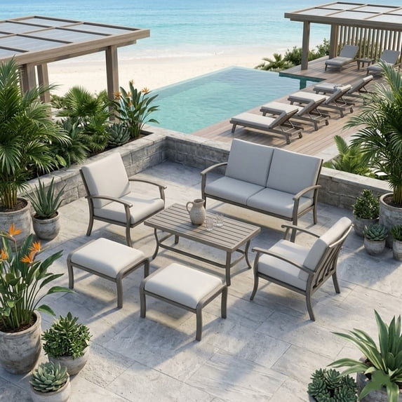 6 Pieces Aluminum Outdoor Conversation Set, Patio Furniture Set with 1 Cushioned Loveseat, 2 Armchairs, 1 Coffee Table and 2 Ottomans for Yard, Porch, and Deck