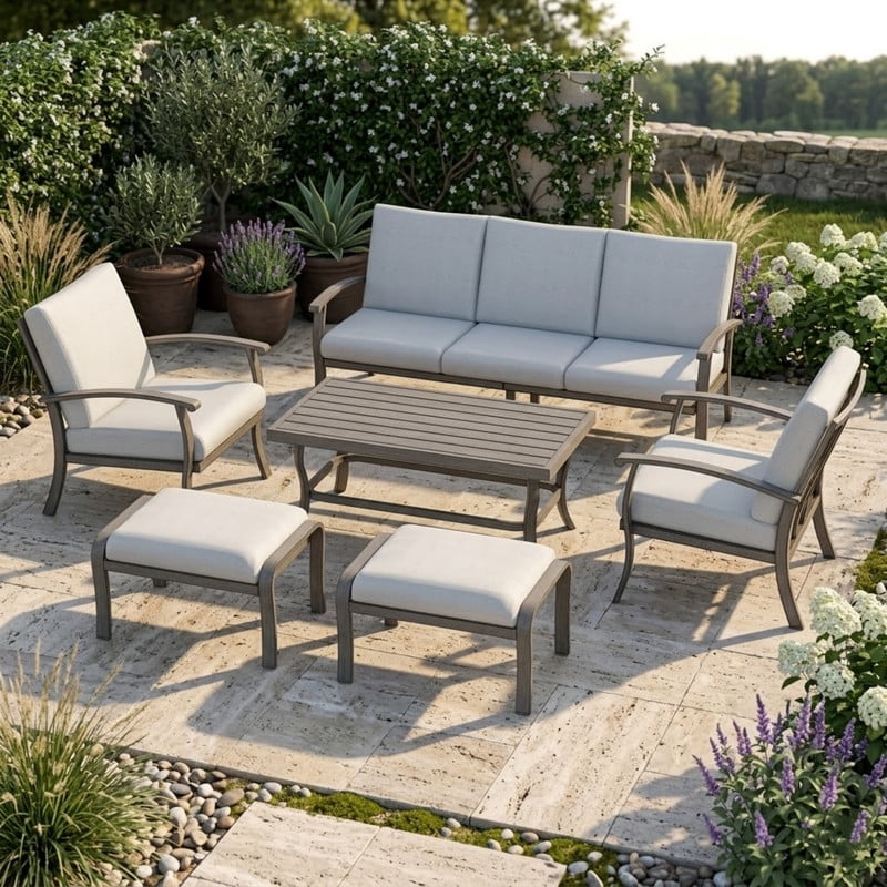 6 Pieces Aluminum Outdoor Conversation Set, Patio Outdoor Furniture Set with 1 Three-Seater Sofa, 1 Coffee Table, 2 Armchairs, and 2 Ottomans for Yard, Porch, and Deck