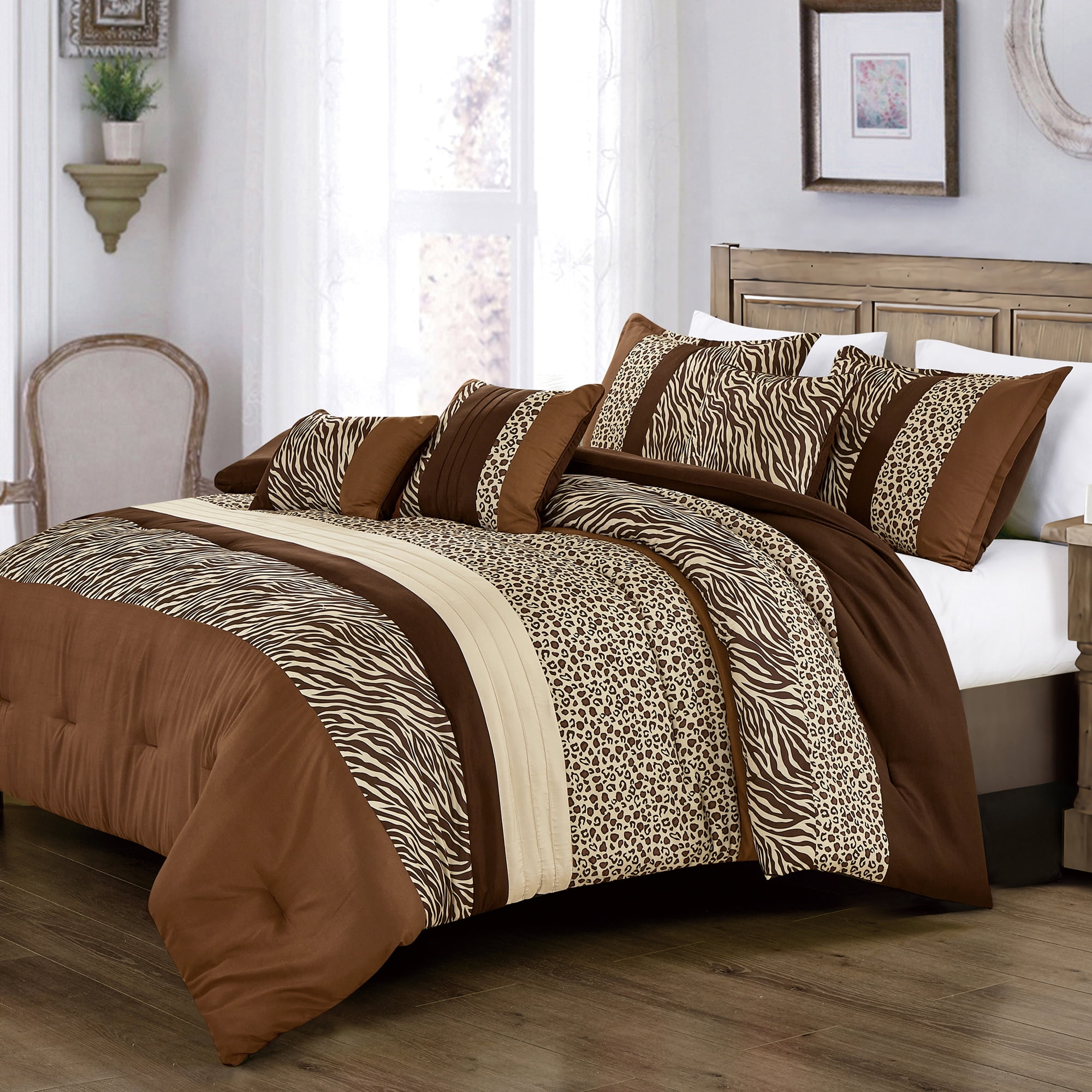 6 Pieces Animal Printed Comforter Set Madge Brown Bedding Set King