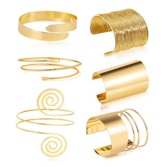 6 Pieces Arm Cuff Bracelet Set - Minimalist Simple Swirl Open Wide Wire Upper Arm Band Bracelets for Women - Adjustable Bangle