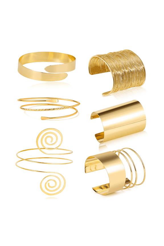 6 Pieces Arm Cuff Bracelet Set - Minimalist Simple Swirl Open Wide Wire Upper Arm Band Bracelets for Women - Adjustable Bangle