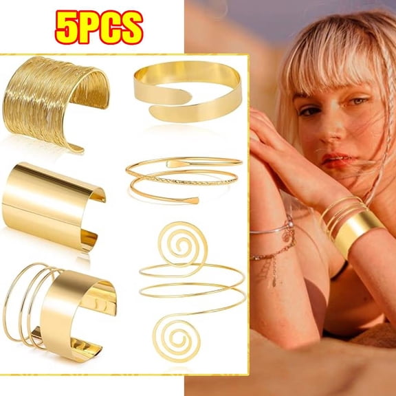 6 Pieces Arm Cuff Bracelet Set - Minimalist Simple Swirl Open Wide Wire Upper Arm Band Bracelets for Women - Adjustable Bangle