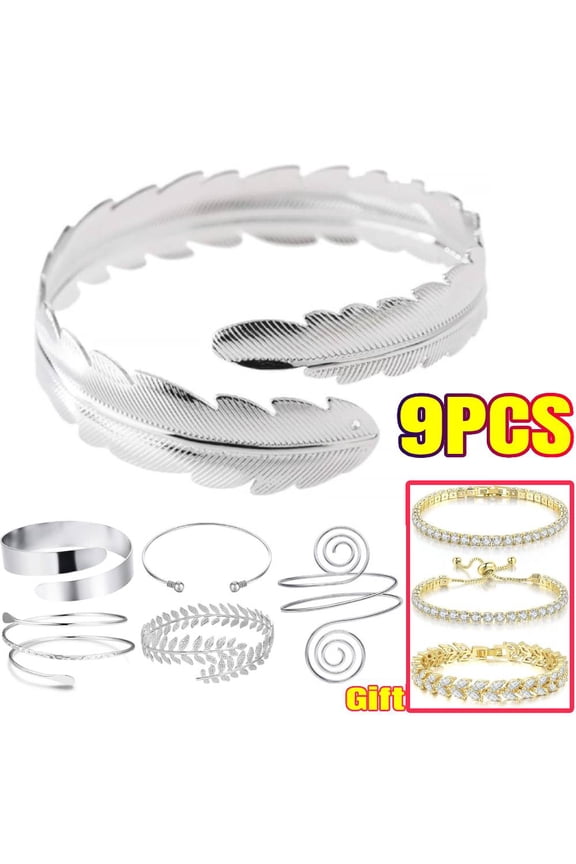 6 Pieces Arm Cuff Upper, 3 Pieces Tennis Bracelet Arm Band Cuff Bracelet Bangle-Women Silver Adjustable Armband