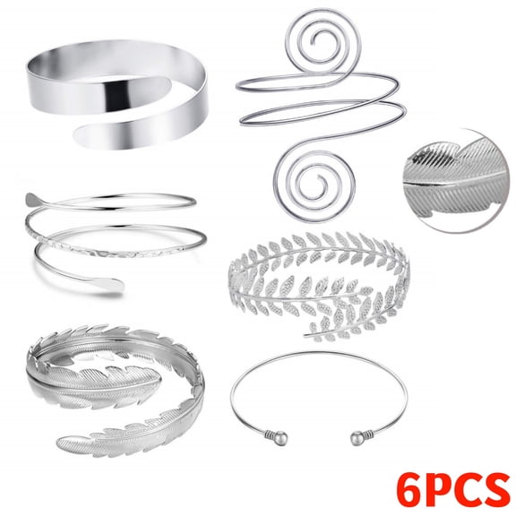 6 Pieces Arm Cuff Upper Arm Band Cuff Bracelet Bangle for Women Silver Gold Adjustable Armband Set