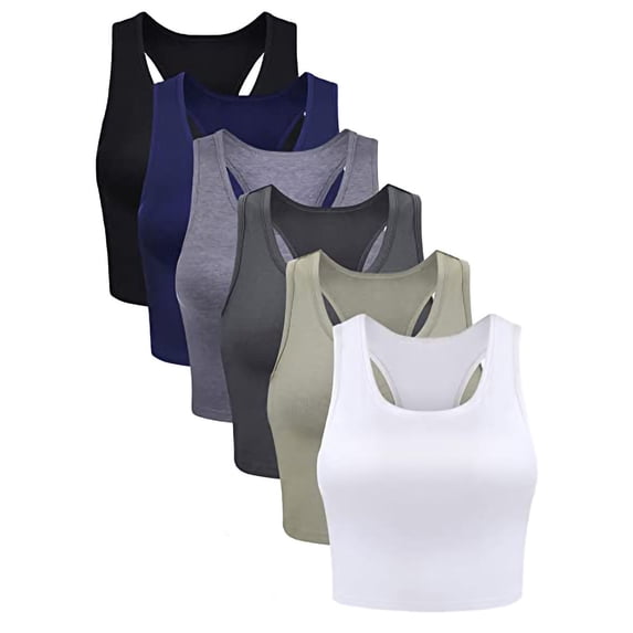 6 Pieces Basic Cotton Crop Tank Tops Sleeveless Racerback Sports Tops Workout Yoga Crop Tops for Women