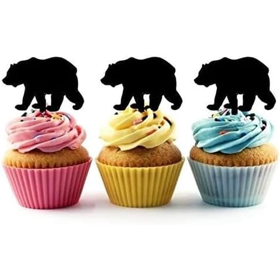 6 Pieces Black Bear Silhouette Acrylic Cupcake Toppers, Black Wildlife Picks for Camping Themed Party, Outdoor Birthday Decor